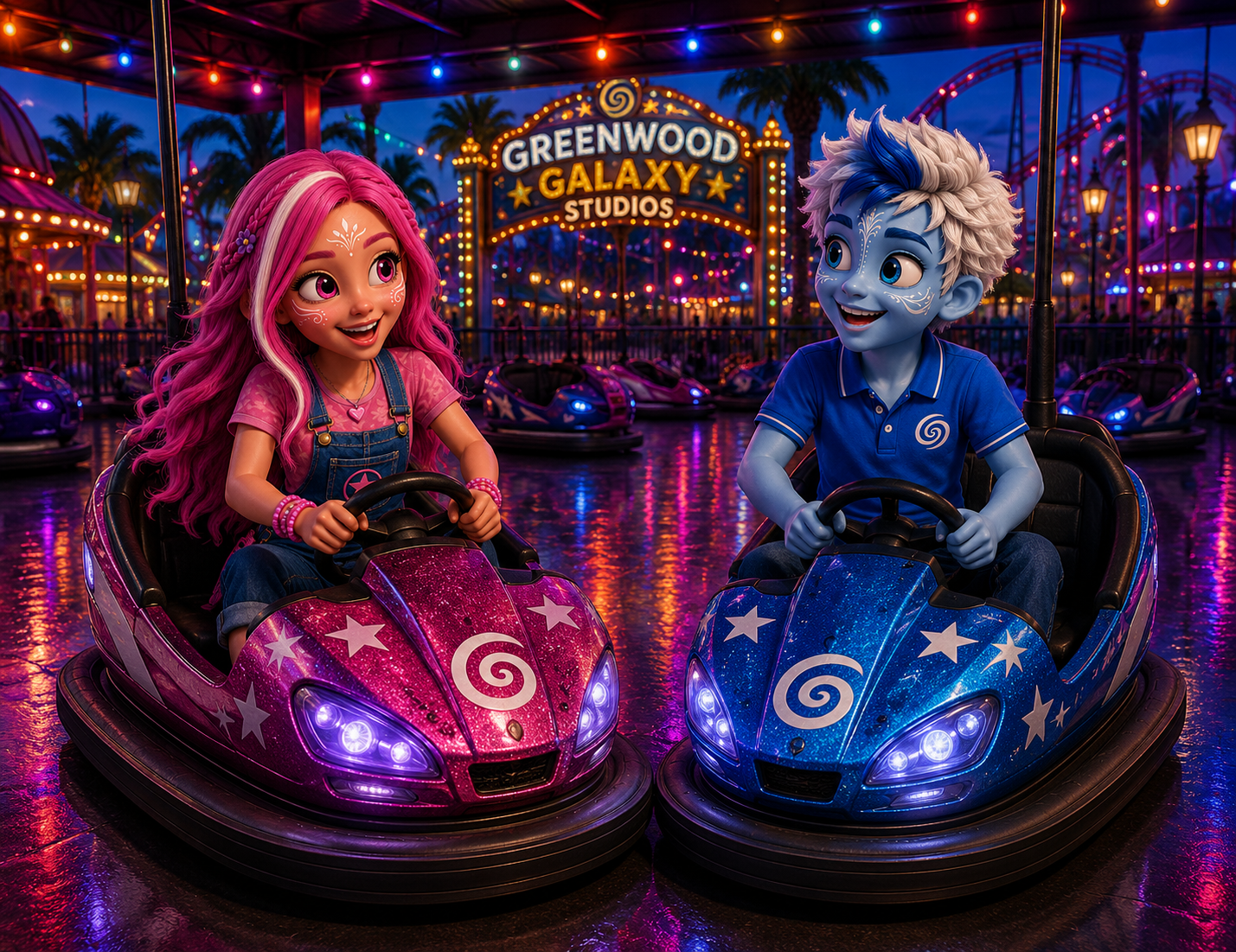 Pynk and Blu on the bumper cars at Greenwood Galaxy Studios