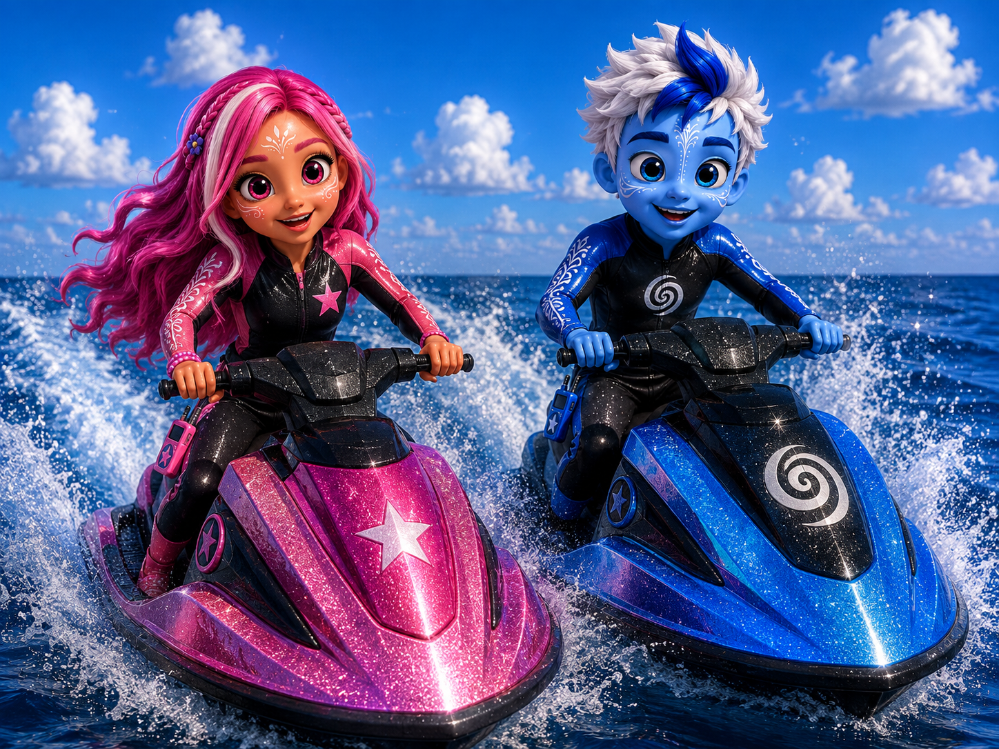 Pynk and Blu racing jet skis across the sea