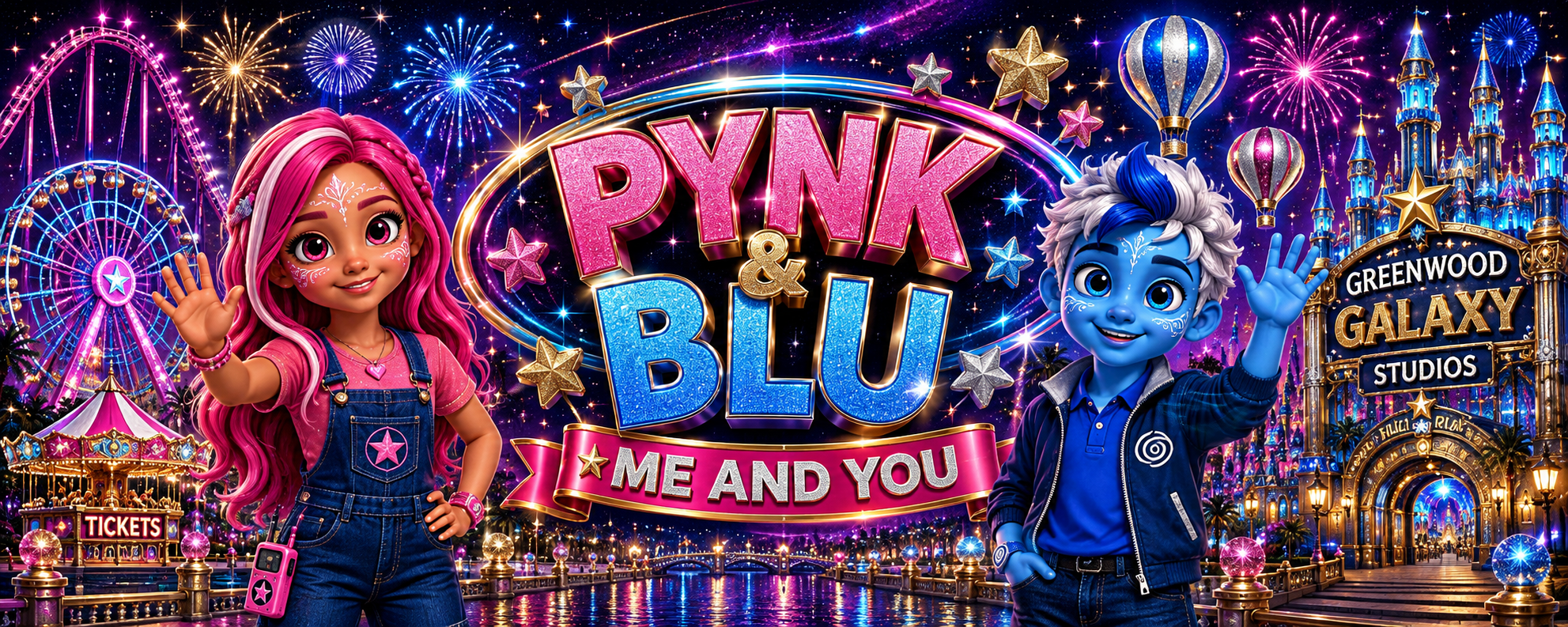 Pynk and Blu welcoming viewers to Greenwood Galaxy Studios