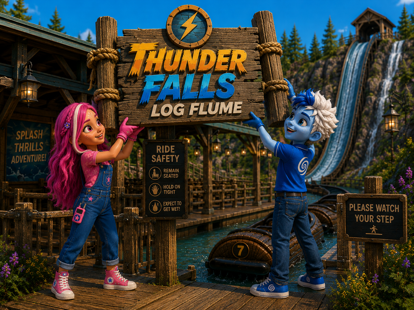 Pynk and Blu at the Thunder Falls log flume
